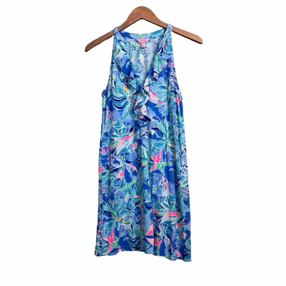 Lilly Pulitzer Blue Floral Knit V-Neck Sleeveless Ruffle Shift Dress Size XS